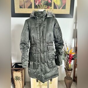 Guess Women's Parka Jacket Mid Length Satin Like Hoodie with Fur Gray XS